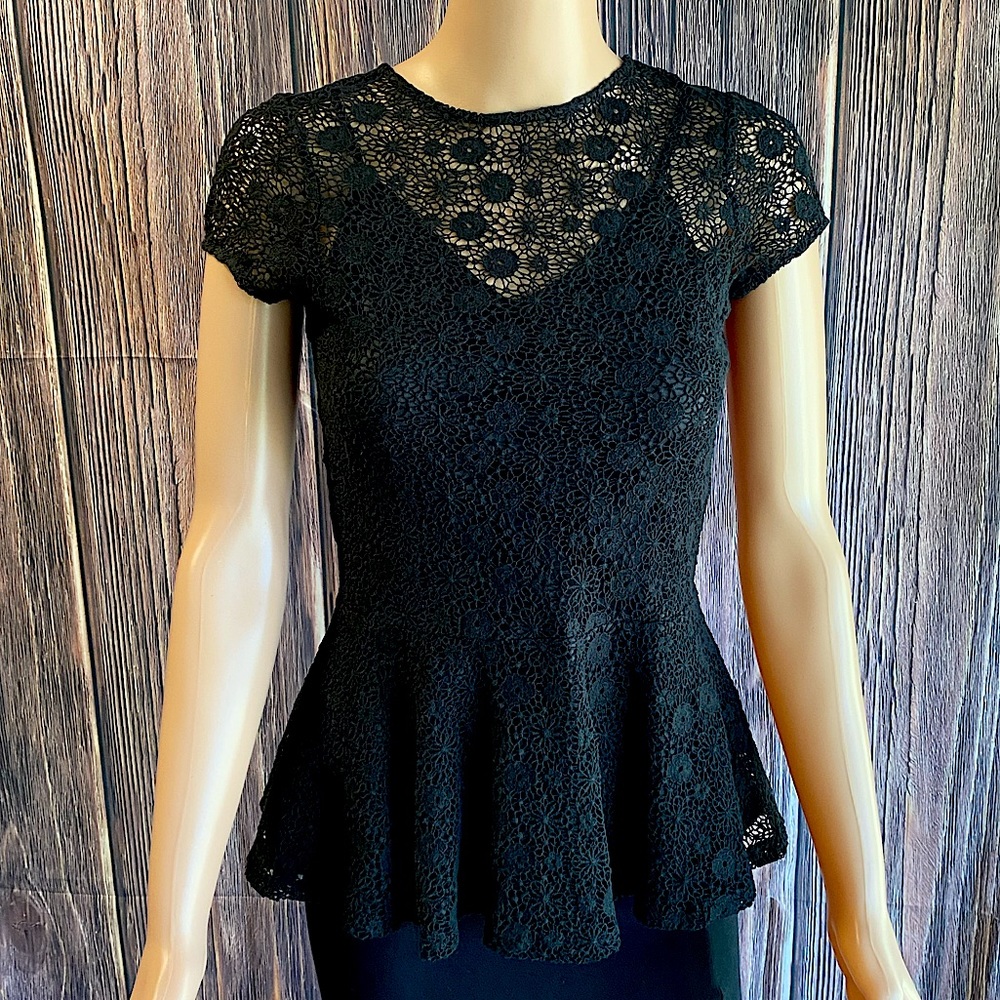 Miguelina size small black floral lace silk peplum top blouse